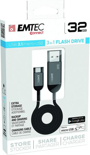 Emtec 3-in-1 Flash Drive USB σε Micro-USB - Καλώδιο Φόρτισης & Μεταφοράς Δεδομένων με Ενσωματωμένη Κάρτα Μνήμης 32GB (ECMMD32GT753B)