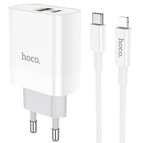 Hoco C80A Network Charger PD20W / QC3.0 - Σετ Διπλός Φορτιστής Type-C / USB-A & Καλώδιο Type-C σε Lightning 100cm - White (75918)