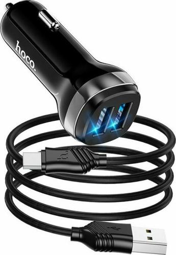 Hoco Z40 Superior - Φορτιστής Αυτοκινήτου 12W με 2 x USB-A και Καλώδιο USB-A σε Type-C 100cm - 2.4A - Black (6931474739711)