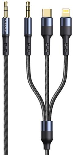 Usams US-SJ556 Audio Cable 3in1 - Καλώδιο Ήχου Jack 3.5mm σε Jack 3.5mm / Lightning / Type-C - 120cm - Black (6958444977317)