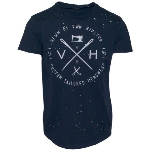 71335-03 Ανδρικό T-shirt λαιμόκοψη με τύπωμα laser cut - μπλέ navvy-Μπλε