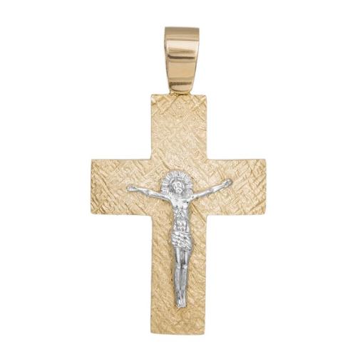 Σταυροί Βάπτισης - Αρραβώνα Δίχρωμος ανάγλυφος σταυρός με τον Εσταυρωμένο Κ14 008185 008185 Ανδρικό Χρυσός 14 Καράτια