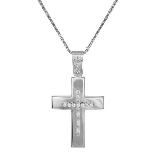 Βαπτιστικοί Σταυροί με Αλυσίδα Λευκόχρυσος σταυρός Κ9 με μπίλιες και ζιργκόν 042849C 042849C Γυναικείο Χρυσός 9 Καράτια