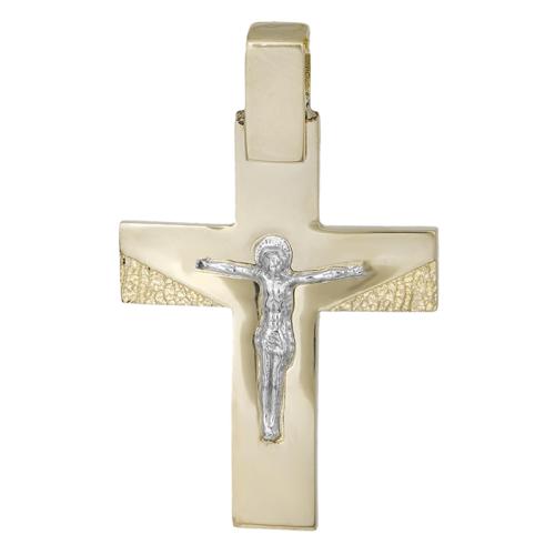 Σταυροί Βάπτισης - Αρραβώνα Δίχρωμος αντρικός σταυρός Κ14 με τον Εσταυρωμένο 030143 030143 Ανδρικό Χρυσός 14 Καράτια