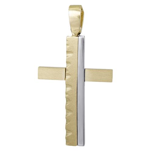 Σταυροί Βάπτισης - Αρραβώνα Δίχρωμος σταυρός Κ14 σκαλιστός 029208 029208 Ανδρικό Χρυσός 14 Καράτια