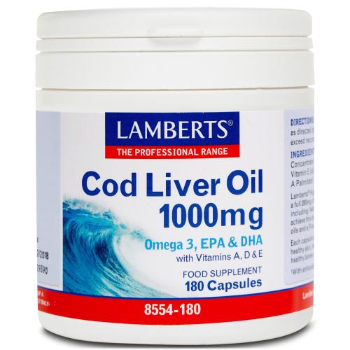 Lamberts Cod Liver Oil Συμπλήρωμα Διατροφής με Ωμέγα 3 Λιπαρά Οξέα 1000mg 180caps