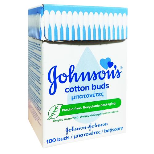 Johnson's Baby Cotton Buds Μπατονέτες Από 100% Αγνό Βαμβάκι και Βάσεις Από Χαρτί, 100 Τεμάχια