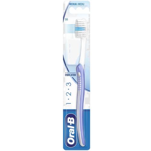 Oral-B 123 Indicator Medium Toothbrush 35mm Χειροκίνητη Οδοντόβουρτσα με Μέτριες Ίνες 1 Τεμάχιο - Λιλά / Λευκό