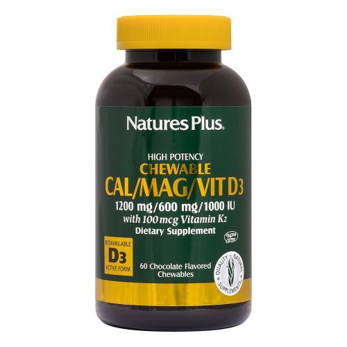 Natures Plus CAL/MAG Vitamin D & Vitamin K2 Chocolate Συμπλήρωμα Διατροφής για την Υγεία των Οστών 60 Μασώμενες Ταμπλέτες