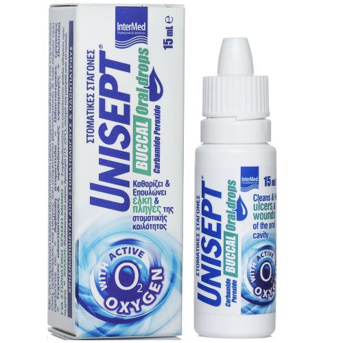 Intermed Unisept Buccal (Oromucosal) Drops Σταγόνες Στόματος για Καθαρισμό, Επούλωση & Ανακούφιση Ελκών & Πληγών 15 ml