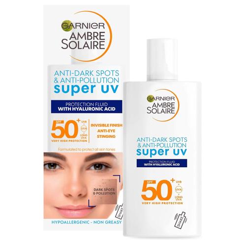 Garnier Ambre Solaire Super UV Anti Dark Spots & Antipolutions Pretection Fluid Spf50+ Λεπτόρρευστη Αντηλιακή Κρέμα Προσώπου Κατά των Πανάδων, Πολύ Υψηλής Προστασίας 40ml