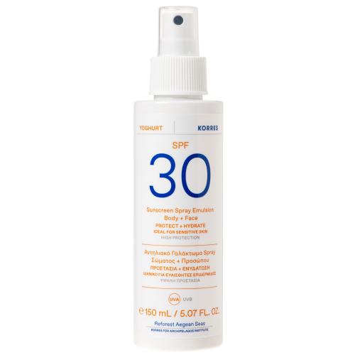 Korres Yoghurt Sunscreen Spray Emulsion Face & Body Spf30 Αντηλιακό Γαλάκτωμα Προσώπου Σώματος Υψηλής Προστασίας, Γιαούρτι 150ml