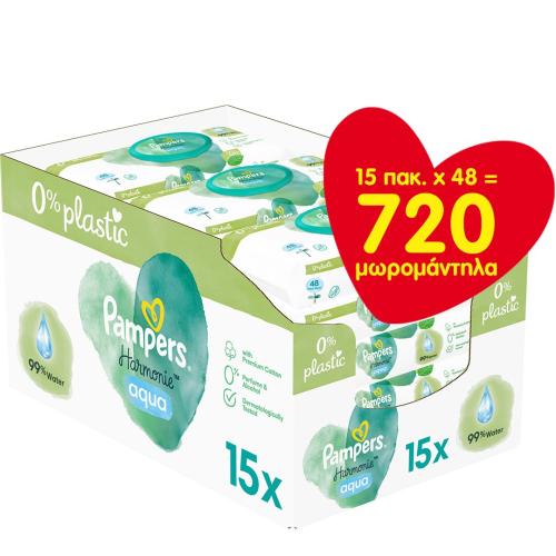 Pampers Harmonie Aqua Baby Wipes Monthly Pack Απαλά Βρεφικά Μωρομάντηλα για την Ευαίσθητη Επιδερμίδα 15x48 Τεμάχια