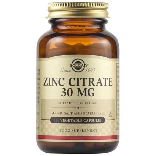 Solgar Zinc Citrate 30mg Συμπλήρωμα Διατροφής με Ψευδάργυρο για την Καλή Υγεία σε Δέρμα, Μαλλιά & Νύχια 100veg.tabs