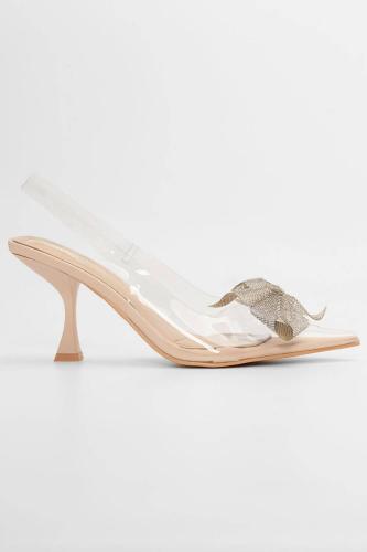 Γόβες Open Heel με Διαφάνεια & Διακοσμητικό Φιόγκο απο Strass - Μπεζ