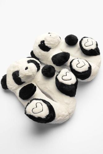 Παντόφλες Γούνινες με Σχέδιο Panda - Άσπρο+Μαύρο