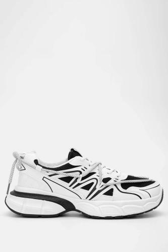 Sneakers σε Συνδυασμό Χρωμάτων με Δίχτυ & Διακοσμητικό Κορδόνι - Άσπρο+Μαύρο