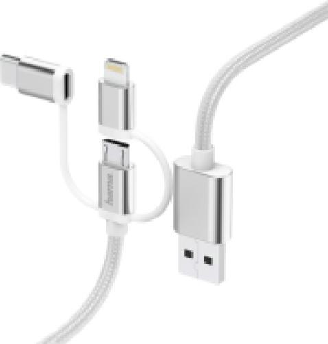 HAMA 183306 3-IN-1 MICRO-USB CABLE WITH ADAPTER FOR USB TYPE-C AND LIGHTNING, 0.2M, WHI