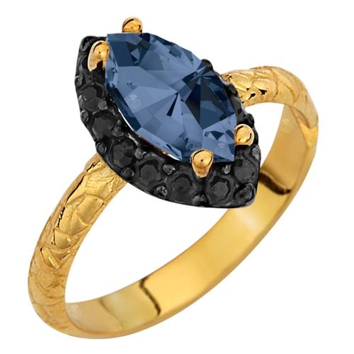 Δαχτυλίδι Ροζέτα Νυχάκι σε Ασήμι 925 με Χρύσωμα Κ18 και Μπλέ Σκούρη Πέτρα P.Q. EUROPEAN CRYSTALS / AD-E1214BBLSG1
