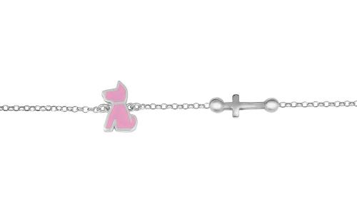 Ασημένιο παιδικό βραχιόλι 925 με σταυρό και σκυλάκι με ρόζ σμάλτο / ABR-E4849BLL1