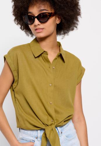 Linen blend cropped πουκάμισο με μπροστινό δέσιμο