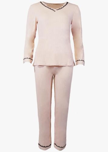 Γυναικεία πιτζάμα μονόχρωμη λεπτομέρειες δαντέλας παντελόνι με λάστιχο ΡΟΖ
