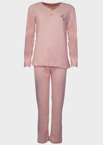 Γυναικεία πιτζάμα σετ ρίπ διακοσμητικό υφασμάτινο φιογκάκι μονόχρωμο παντελόνι.Homewear Collection ΡΟΖ