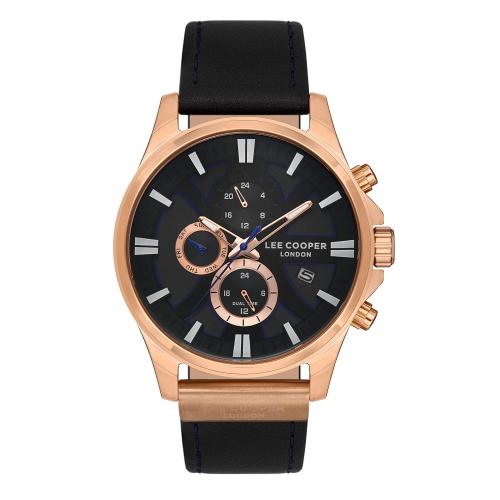 LEE COOPER Dual Time Men's - LC07425.451, Rose Gold case with Black Leather Strap