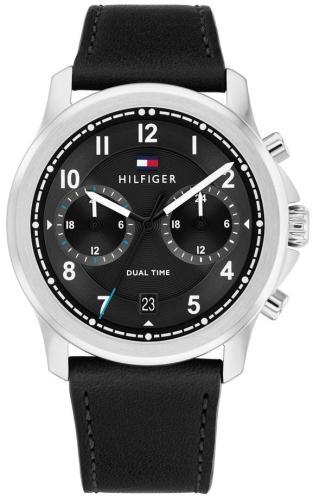 TOMMY HILFIGER Wesley Dual Time - 1710624, Silver case with Black Leather Strap