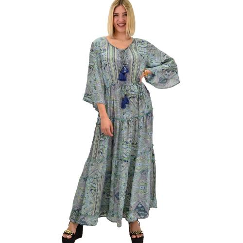 Γυναικείο μεταξωτό boho φόρεμα με βολάν Φυστικί 20558