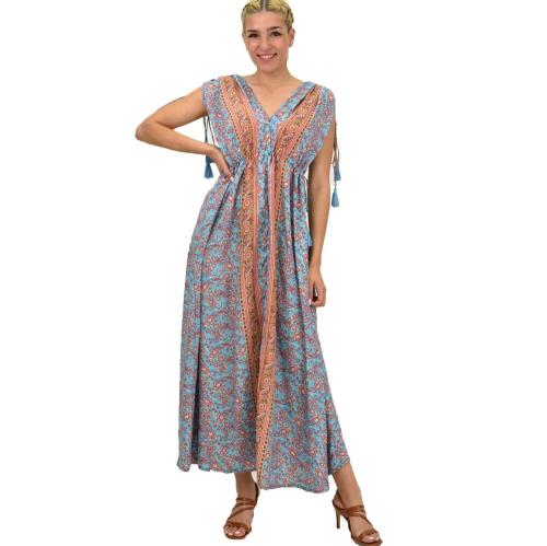 Γυναικείο μεταξωτό boho φόρεμα με κρόσια Μπλε 21273
