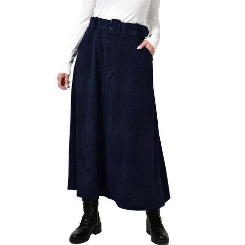 Γυναικεία φούστα κοτλέ με ζώνη Μπλε Σκούρο 22597