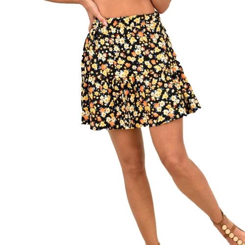 Γυναικειά μίνι φουστά φλοράλ με τελειώμα βολάν Κίτρινο 11169