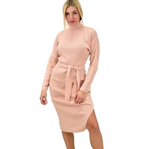 Κοντό πλεκτό φόρεμα με άνοιγμα και ζώνη Απαλό Ροζ 9227