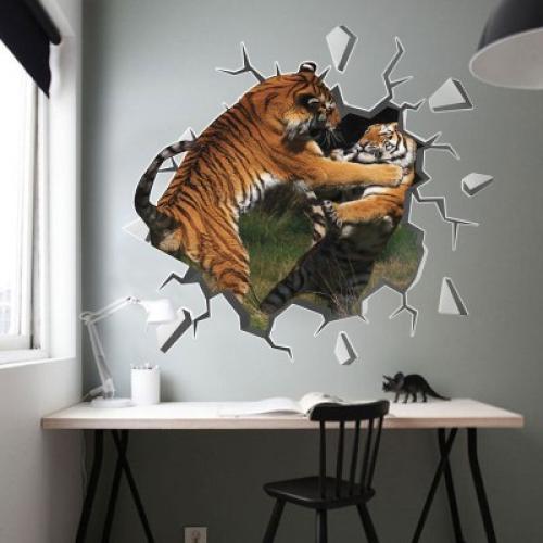 Τίγρης μονομαχία, 3D - Τρισδιάστατα, Αυτοκόλλητα τοίχου, 70 x 70 εκ.