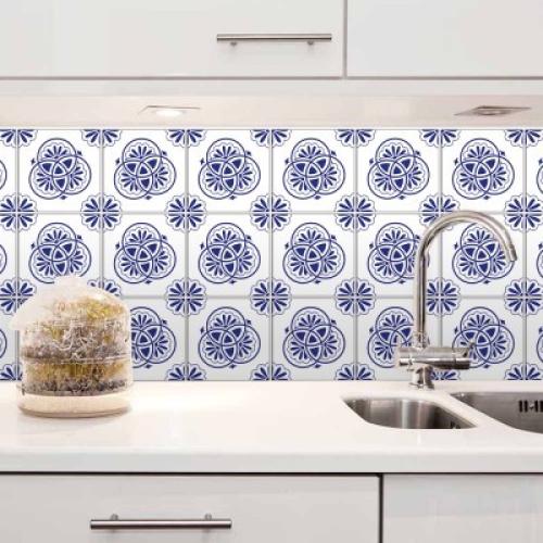 Floral σχέδιο κυκλικό μπλε-άσπρο, Backsplash, Αυτοκόλλητα πλακάκια, 30 x 120 εκ.