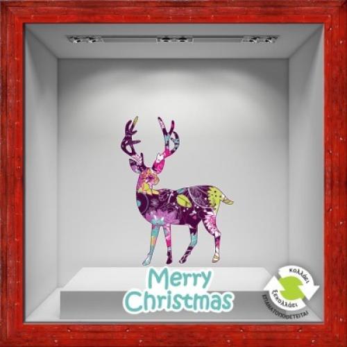 Τάρανδος πολύχρωμος, Χριστουγεννιάτικα, Αυτοκόλλητα βιτρίνας, 45 x 77 εκ.
