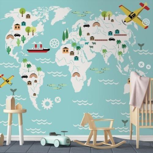 Αεροπλάνα και καράβια στον χάρτη, Παιδικά, Ταπετσαρίες Τοίχου, 100 x 100 εκ.