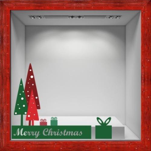 Merry Christmas red green trees, Χριστουγεννιάτικα, Αυτοκόλλητα βιτρίνας, 86 x 69 εκ.