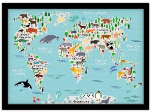 Χάρτης με ζώα, Παιδικά, Πίνακες σε καμβά, 30 x 20 εκ.