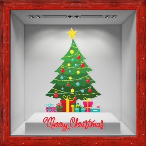 Πολύχρωμο Χριστουγεννιάτικο Δέντρο με Δώρα, Χριστουγεννιάτικα, Αυτοκόλλητα βιτρίνας, 80 x 137 εκ.