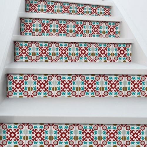 Πορτογαλικό azulejos μοτίβο κόκκινο & γαλάζιο, Σκάλα, Αυτοκόλλητα πλακάκια, 90 x 12 εκ.