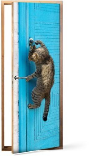 Γάτα φόντο μπλε, Ζώα, Αυτοκόλλητα πόρτας, 60 x 170 εκ.