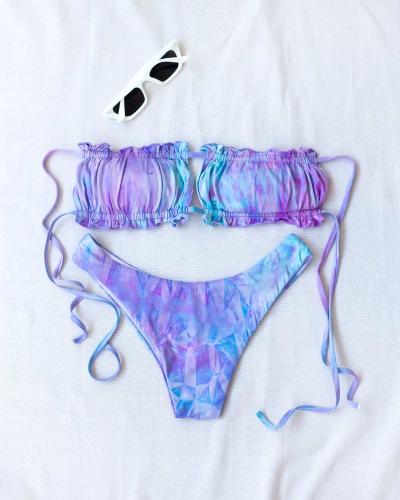 Σετ tie dye bikini με frilled λεπτομέρεια - Λιλά
