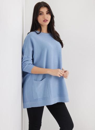 Πλεκτό μπλουζοφόρεμα με εξωτερική τσέπη - Γαλάζιο