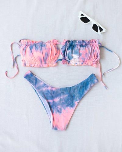 Σετ tie dye bikini με frilled λεπτομέρεια - Ροζ