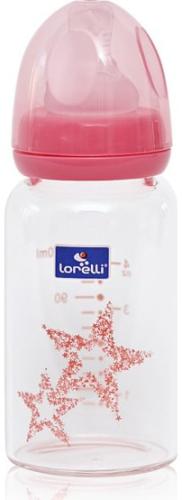 Lorelli Γυάλινο μπιμπερό με θηλή σιλικόνης Anticolic 120ml Pink stars 1020087