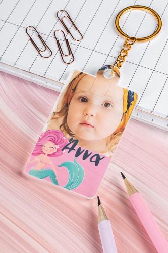 Μπρελόκ Παιδικό Plexi με Όνομα και Φωτογραφία, Pink Mermaid