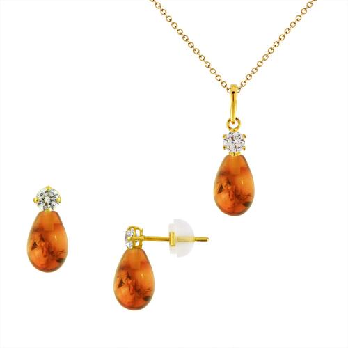 Σετ σκουλαρίκια και μενταγιόν με Amber σε χρυσό Κ14 - M990122