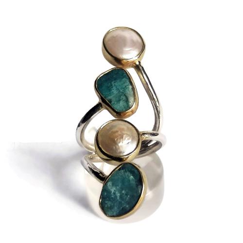 Amazonite and White Pearl Ring, Sterling Silver Gold Quadruple Ring with Natural Amazonite + Freshwater Pearl, Adjustable Ring, Gift for Her